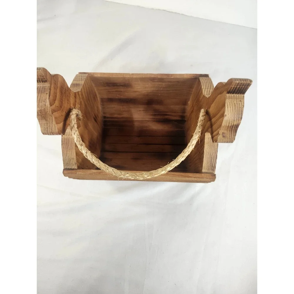 Vintage Wooden Folk Art Cat Basket Rope Handle Rustic Handcrafted Decor 8.5in